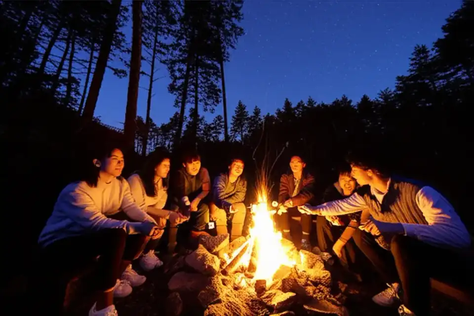 밤하늘 별빛 아래 캠프파이어